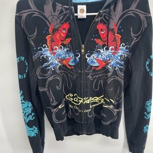 Ed Hardy Black‎ Zip-Up with Red and Blue Fish Design